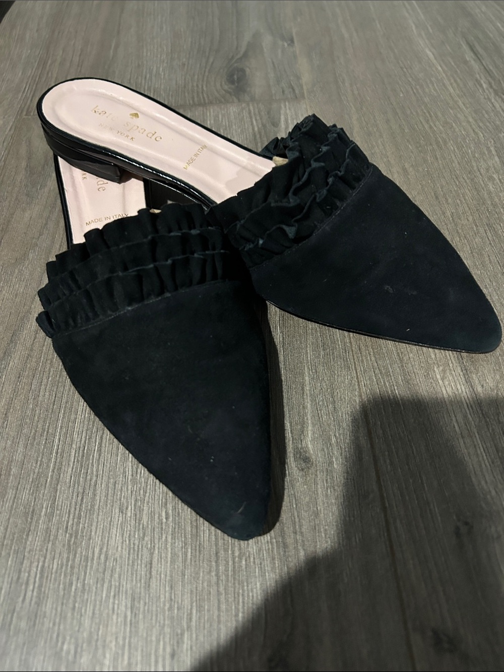 kate spade Black Suede Pointed Ruffle Mules